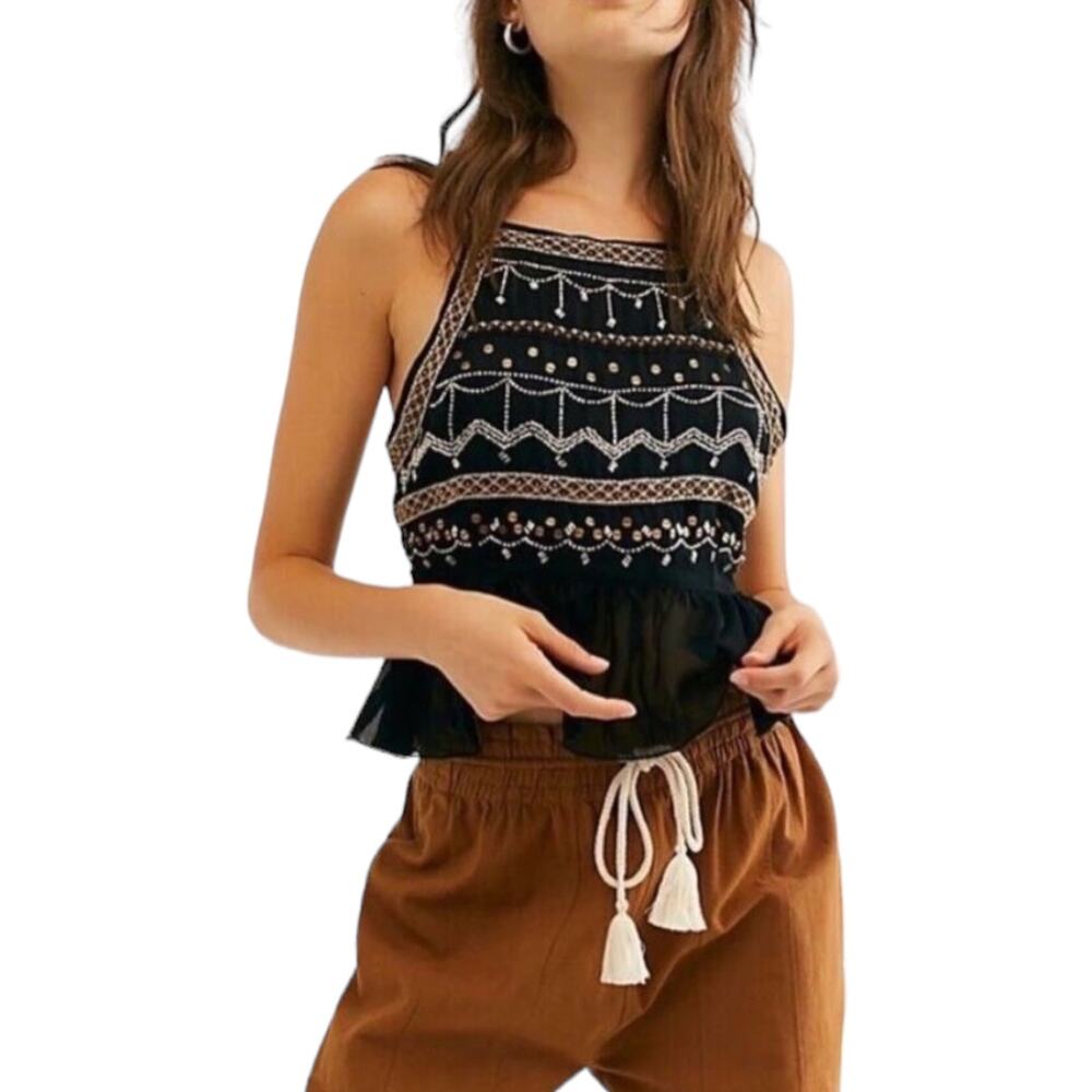 Free People Camille Embroidered Cami Top Medium Black Embellished Sequin Boho